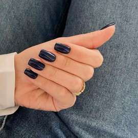 KQueenest Navy Blue Press On Nails Almond Square Coffin Nails for Sticking Short, Shiny Jelly Gel Fake Nails Fingernails for Sticking Ballerina, Plain Acrylic False Nails for Women, Pack of 24