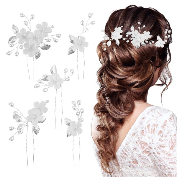 DELITLS Pack of 5 Wedding Hair Pins, Bridal Hair Flower Pearls Bridal Hair Accessories, Hair U-shaped Wedding Hair Clips for Women and Girls (Silver