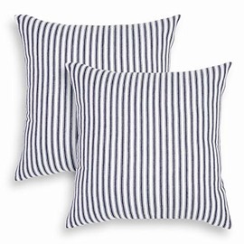 Cackleberry Home Navy Blue and White Ticking Stripe Woven Cotton Decorative Square Throw Pillow Case Covers 18 x 18 Inches, Set of 2