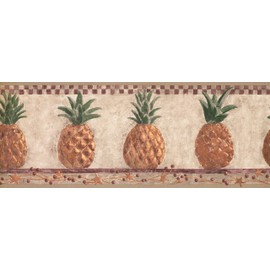 CONCORD WALLCOVERINGS ™ Wallpaper Border Vintage Pattern Pineapples Stars for Cottage Kitchen Dining Room, Beige Brown Green Burgundy, 15 ft by 9.5 in HF8648B