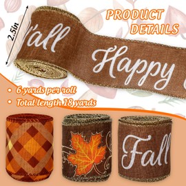 JarThenaAMCS Fall Glitter Wired Edge Ribbon Autumn Maple Leaves Plaid Ribbon Thanksgiving Fabric Ribbon for Wreath Bow Making DIY Craft Wrapping, 3 Rolls, 18 Yard