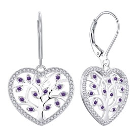 YL Women's Tree of Life Heart Earrings 925 Sterling Silver Cut White/Green Cubic Zirconia Tree of Life Earrings for Women, Silver, Amethyst