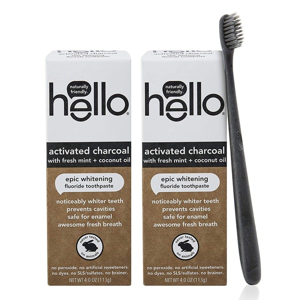 Hello Oral Care Activated Charcoal Whitening Fluoride Toothpaste Twin Pack + BPA-Free Black Toothbrush
