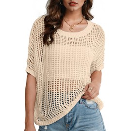 UEU Womens Summer Tops Crochet Short Sleeve Mesh Sweater Shirts Beach Swimsuit Cover Ups Sheer Casual Round Neck Swimwear Trendy Vacation Cruise Outfits Beige L