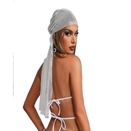 PartyArt Women Mesh Rhinestone Headbands Glitter Fishnet Diamond Headpiece Sparkly Rave Hollow Fashion Hair Long Version Accessories White