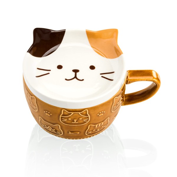 YLOKO Cute Ceramic Cat Mugs with Lids or Coaster, Novelty Lovely Kitty Tea Cup, Japanese Kawaii Coffee Mugs for Women Girls Kids Christmas Birthday Gift, 14.4oz(Yellow)