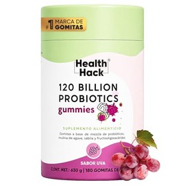 Probióticos en Gomitas 120 Billones UFC  14 Cepas  Prebióticos  4 Enzimas Digestivas  180 Gomitas Sin Azúcar, 90 Porciones, Sabor Uva  Health Hack    