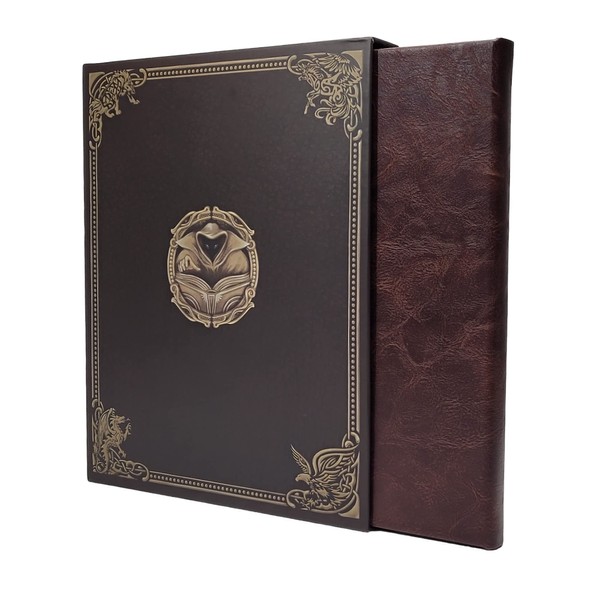 Game Master Screen - 30in Portrait DM Screen Compatible with Dungeons and Dragons and Other TTRPG - Faux Dragon Skin with Clear Dry Erase 8.5 x 11 Pockets - Slipcase Stores with DND Books - Brown