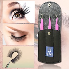 SMI 3 Eyelash Tweezers Set, Pink Eyelash Tweezers, Eyelash Extension Tweezers, Pointed Eyelash Curler, Curved and Straight, Stainless Steel, Artificial 3D, 6D Volume Eyelashes with Case
