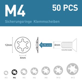 BOUMVID Pack of 50 M4 washers, black circlips, clamping ring, clamping washers, 65Mn manganese steel inner tooth washers, speed tooth locking washers