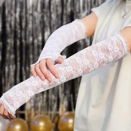 Spitzenhandschuhe Schwarz,Lange Fingerlose Armstulpen für Damen,Lace Gloves Ellenbogenlänge Florale,Spitze Hochzeit Handschuhe Lang,Spitzen für Hochzeit Party Braut Wedding/Ball Outfits (Weiß)