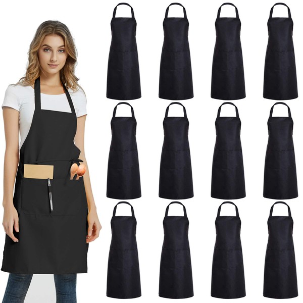 DUSKCOVE 12 Pack Plain Bib Aprons with 2 Pockets - Black Unisex Commercial Apron Bulk for Kitchen Cooking Restaurant BBQ Painting Crafting