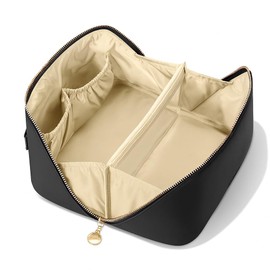 MSTONAL Travel Makeup Bag, Large Capacity Cosmetic Bags for Women, Waterproof Portable Pouch Open Flat Make up Organizer Bag with Dividers and Handle, Toiletry Bag for Essentials, Black