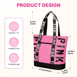 Boomistry Travel Tote Bag for Women Girl, Large Waterproof Beach Bag with Zipper, Travel Handbags for Daily, College, Work, Shopping (Pink)