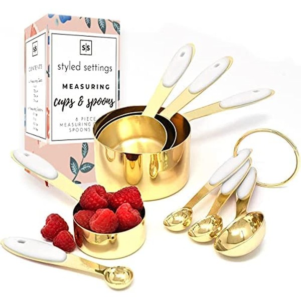 White & Gold Measuring Cups and Spoons Set - Cute 8PC Stainless Steel with Silicone Handle Kitchen Accessories