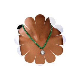 Xduargs Boho Sun Pendant Necklace Green Rice Pearl Vintage Sunburst Choker Adjustable Sun Celestial Flower Jewellery for Women, Zinc