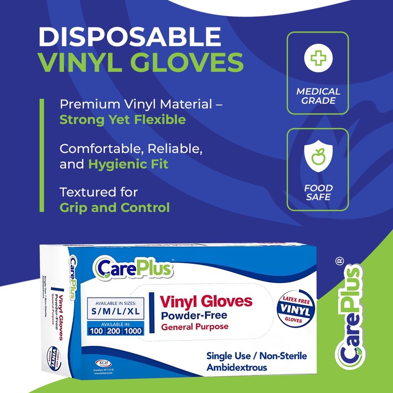 CARE PLUS Latex-Free Vinyl Gloves Clear Large Size 100 Count
