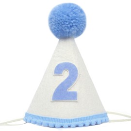 Hshenjhu Party Hats Birthday, Birthday Hats with Pompom and Numbers 2, Reusable Cone Party Hats, Birthday Hat Children Decoration, for Children Adults and Puppy Cat House, Blue