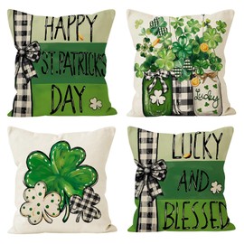 Mtruil St. Patrick's Day Pillow Covers 18x18 Inch 4 Pcs Green Clover Pillow Cases Happy St. Patrick’s Day Pillow Cover Lucky Pillows for Girls, Home Pillow Case for Holiday Happy Home Decoration