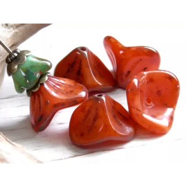 Czech 8 - 12x10mm CZECH SALMON ORANGE BROWN SPECKLED 3 PETAL BELL TRUMPET FLOWER BEADS
