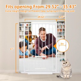 NexusSmash 41 Inch Tall Baby Gate with Small Cat Door, Adjustable Auto Close Dog Gate Easy Walk Thru Pet Door for Stairs, Doorway, House (White, 29.52"-35.43")