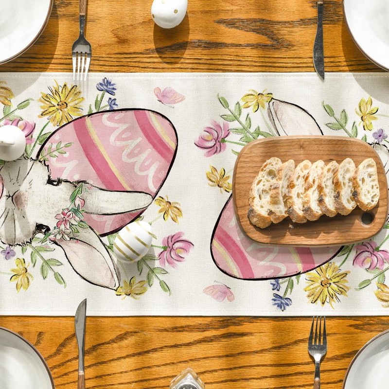 Artoid Mode Flowers Leaves Easter Eggs Rabbit Easter Table Runner,