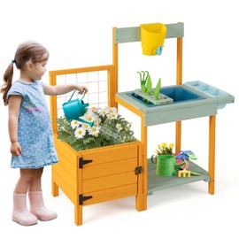Costzon Mud Kitchen, Kids Potting Bench with Garden Bed & See-Through Window, Trellis, Kids Kitchen Playset w/Sink, Faucet, Storage Shelf, Gardening Toys, Outdoor Play Kitchen for Boys Girls Ages 3+