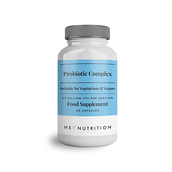 Hey Nutrition Probiotic Complex Supplement - 20 Billion CFU - Suitable for Vegetarians & Vegans - Supports Gut & Skin Health, Improves Immune Response - UK Manufactured - 60 Vegan Capsules