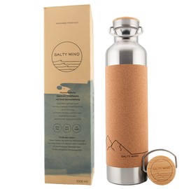 Salty Mind Sustainable, Insulated Stainless Steel Water Bottle, 1000 ml, Thermal Water Bottle, Leak-Proof, Non-Toxic, Tasteless, BPA-Free, Cork, Carry Handle for Hiking, Office, Outdoor (Mountains)
