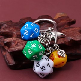 SONGCHANGJEWELRY Colorful Dice Keychain with Star Charm – D20 D6 Resin Dice and Alloy Accessories – Fantasy Style Bag Charm for Gamers and Trendy Gifting