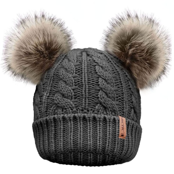 Arctic Paw Beanies Women Winter Cable Knit Fleece Lined Pom Pom Beanie for Women Charcoal