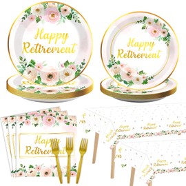 98Pcs Flower Retirement Party Decorations Happy Retirement Party Plates Napkins Tablecloths White Peony Tableware Pink Gold Floral Disposable Table Cover for Women Goodbye Going Away Party Supplies