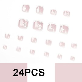 French Tip Press on Toenails Nude Square Fake Toenails with White Rose Flower Design Removable Acrylic Fake Toe Nails Summer Full Cover Glue On ToeNails for Women 24Pcs