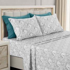 LUX Décor Paisley California King Sheet Set 6 Pc, Wrinkle Free Soft Microfiber - Luxurious Printed Bedsheets Includes Flat Sheet, Fitted Sheet with Deep Pockets & 4 Pillowcases - White Grey