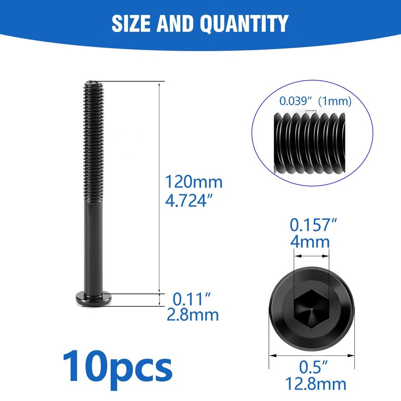 M6x120mm 10Pcs Flat Head Hex Socket Cap Screws Bolts,Furniture Screws,Carbon