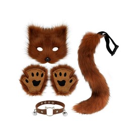Therian Mask Animal Wolf Paw Gloves & Furry Cat Ears Collar Set with Fox Tail - Cosplay Costume Kit
