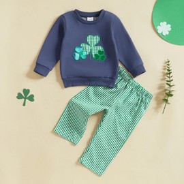 DSOKUHIB Toddler Baby Boy St. Patrick's Day Outfit Clover Embroidered Long Sleeve Sweatshirt Plaid Pants Set 2Pcs Clothes (Blue, 18-24 Months)