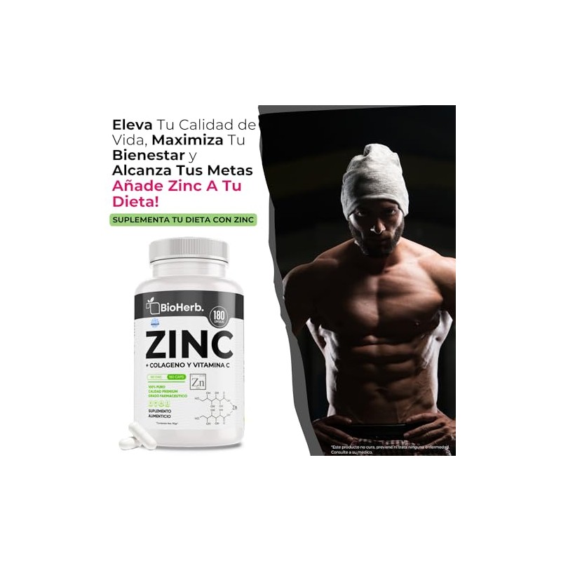 Bioherb Zinc Colageno Vitamina 180 Capsulas 500mg Extremadamente Eficaz Recuperacion