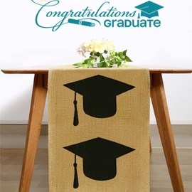 Burlap Graduation Table Runner 2022 - Jute Grad Cap Table Runner 72 Inches Long - Rustic Graduation Party Table Decorations - Graduation Tabletop Centerpieces Decor Idea