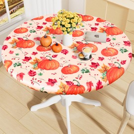Moosfor Round Spandex Thanksgiving Tablecloth, Elastic Fitted Waterproof Tablecloths for 45"-56" Tables, Stretch Washable Picnic Table Cover for Autumn Harvest Parties, Pumpkin Leaf