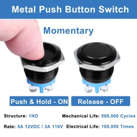 DMWD 2-Pack 16mm Metal Momentary Push Button Switch Waterproof IP66 Anti-Vandal Screw Terminals 12V 24V 36V DC 110V 250V AC 5A 1NO ON-Off 5/8" Mounting Hole Aluminium Alloy Black Shell