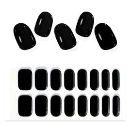 SILPECWEE Semi Cured Gel Nail Strips (Black Solid Color - 16PCS), Gel Nail Stickers Full Nail Wraps Need UV Light, Salon Quality & Easy to Use - with Prep Pads, Nail File, Wood Stick