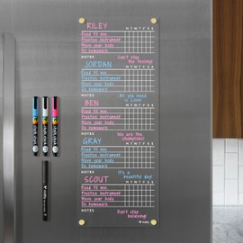 Magnetic Acrylic Chore Chart for Fridge, for 3, 4 or 5 Children. Includes 4 Magnetic Wet-Erase Markers for Refrigerator, 7” X 18". Put Those Kids to Work! | Silver Magnets