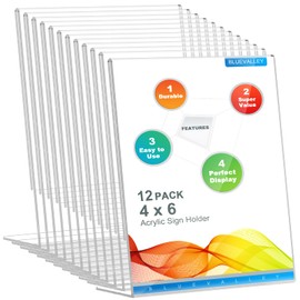 BlueValley 12 Pack Clear Acrylic Sign Holder 4x6 - Plastic Picture Photo Frames Table Number Sign Holders with Vertical Slant Back - L shape Plastic Flyer Document Paper Display Stand for Office Desk Store Home Use
