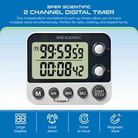 Sper Scientific 2 Channel Digital Lab + Kitchen Timer with Color Coded LED Lights 810002 – Dual Countdown Timer with Large Display, Loud Alarm & Clock Mode - for Cooking, Labs & More