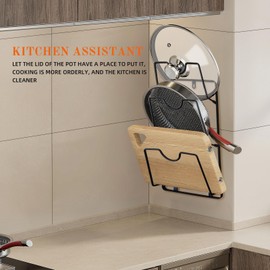BIATOE HABIC Pot Lid Organizer Rack, 3-Tier Pot Lids Holder for Cabinet Door/Wall, No Drilling Adhesive Wall/Door Mounted Rustproof Pot and Pan Cover for Kitchen Storage, Modern (black)