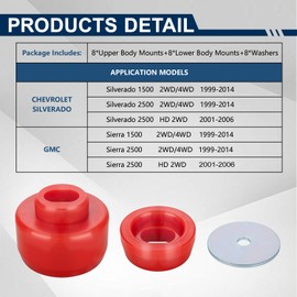 7-141 Polyurethane Body & Cab Mount Bushing Kit for 1999-2014 Chevy Silverado & GMC Sierra 1500/2500 2WD/4WD - Includes Washers (24PCS, Red)