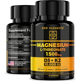 Magnesium L-Threonate 1500mg with Vitamin D3 10,000 IU & K2 MK-7 – Brain, Focus & Bone Support – 60 Vegan Capsules – High Absorption, Non-GMO