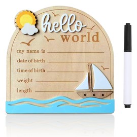 Baby Announcement Sign, 5.9 Inch Wooden Hello World Newborn Signs, Birth Announcement Sign and Pen, Sun and Sailboats Decoration, Welcome Newborn Arrival to World, Hospital Nursery for Baby (White)