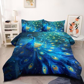 CCoutueChen Peacock Bedding Set Queen Size, Blue Birds Feather Comforter Set for Girls Women,3Pcs Luxurious Quilted Duvet Set for All Season/90 x90